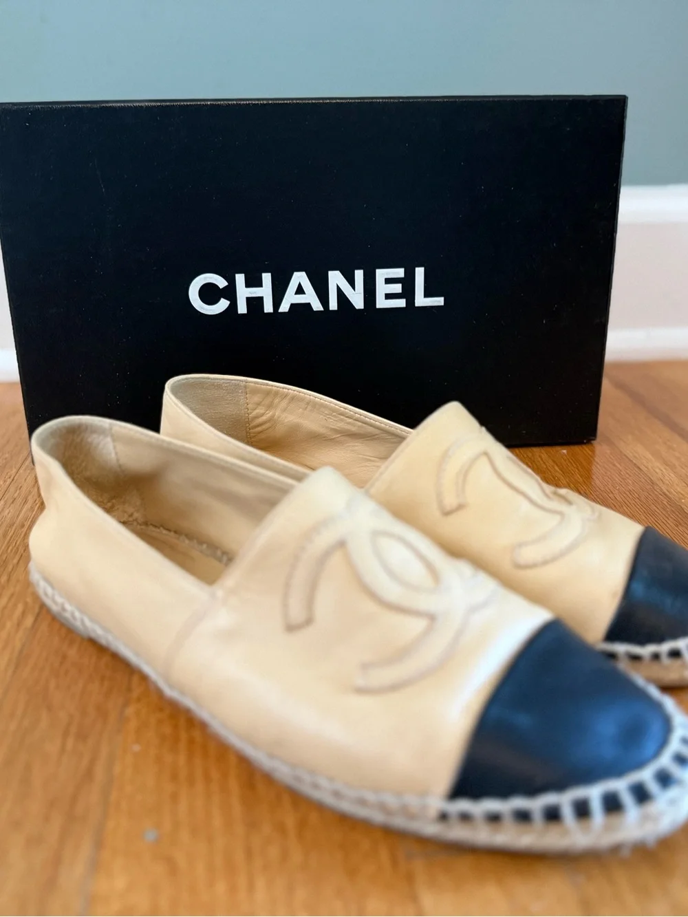 CHANEL Beige Leather Espadrilles with Black Cap Toe